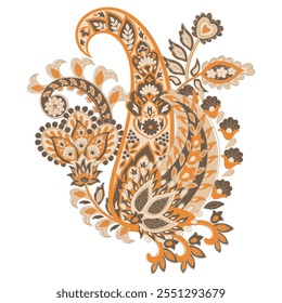 Turkish Cucumber Paisley. Vector pattern in traditional oriental style with flowers, leaves and fantasy elements.