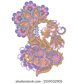Turkish Cucumber Paisley. Vector pattern in traditional oriental style with flowers, leaves and fantasy elements. 