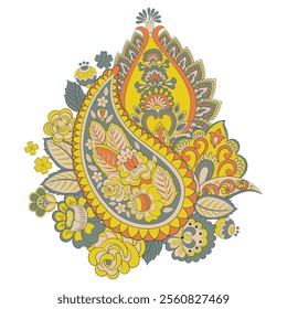 Turkish Cucumber Paisley. Vector pattern in traditional oriental style with flowers, leaves and fantasy elements. 