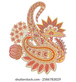 Turkish Cucumber Paisley. Vector pattern in traditional oriental style with flowers, leaves and fantasy elements. 