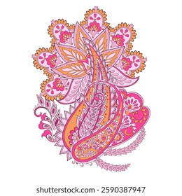 Turkish Cucumber Paisley. Vector pattern in traditional oriental style with flowers, leaves and fantasy elements. 