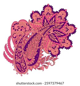 Turkish Cucumber Paisley. Vector pattern in traditional oriental style with flowers, leaves and fantasy elements. 