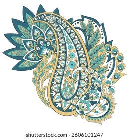 Turkish Cucumber Paisley. Vector pattern in traditional oriental style with flowers, leaves and fantasy elements. 