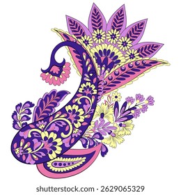 Turkish Cucumber Paisley. Vector pattern in traditional oriental style with flowers, leaves and fantasy elements. 