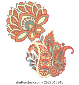 Turkish Cucumber Paisley. Vector pattern in traditional oriental style with flowers, leaves and fantasy elements. 