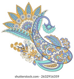 Turkish Cucumber Paisley. Vector pattern in traditional oriental style with flowers, leaves and fantasy elements. 