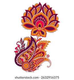 Turkish Cucumber Paisley. Vector pattern in traditional oriental style with flowers, leaves and fantasy elements. 