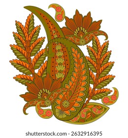 Turkish Cucumber Paisley. Vector pattern in traditional oriental style with flowers, leaves and fantasy elements.