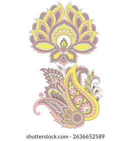 Turkish Cucumber Paisley. Vector pattern in traditional oriental style with flowers, leaves and fantasy elements. 