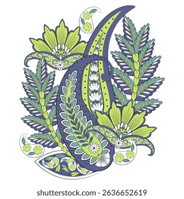 Turkish Cucumber Paisley. Vector pattern in traditional oriental style with flowers, leaves and fantasy elements.