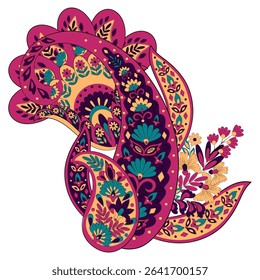 Turkish Cucumber Paisley. Vector pattern in traditional oriental style with flowers, leaves and fantasy elements. 