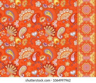 Turkish cucumbers. Oriental motif. Seamless ornament and border for fabrics, wallpaper, background. Vector illustration. Orange