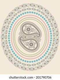 Turkish cucumbers.Oriental motif.Paisley oval frame set of  border in ornament. Use  for fabrics,Wallpaper,background. Pastel color. Vector illustration.Retro style,vintage.