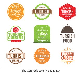 Turkish cuisine, authentic traditional Turkish food typographic design set. Vector logo, label, tag or badge for restaurant and menu. Turkish cuisine isolated.
