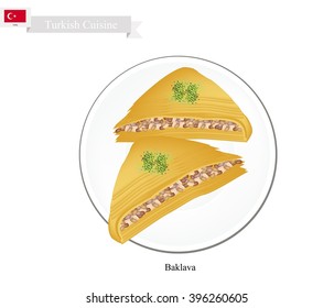 Turkish Cuisine, Baklava or Traditional Phyllo Dough Topping with Pistachio and Syrup. One of The Most Popular Dessert in Turkey.