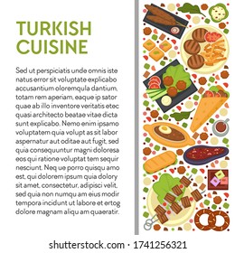 Turkish cuisine banner formed Mediterranean menu of restaurant or cook book. Dolma and kofte, doner kebab and menemen, bakes baklava dessert and vegetable salad. Veggies for dieting, vector in flat