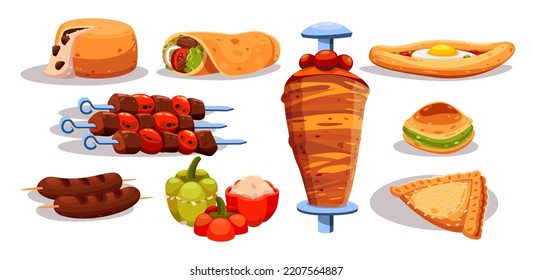 Turkish cuisine cartoon illustration set. Falafel, kebab, shawarma, kofta curry, stuffed peppers, khachapuri, shashlik, chicken, baklava, traditional desserts. Restaurant, menu, food concept