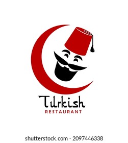 Turkish cuisine chef vector icon of grill food restaurant, cafe or bar. Face of Turkish cook man with black mustache and beard, red fez hat and crescent isolated symbol, emblem or icon