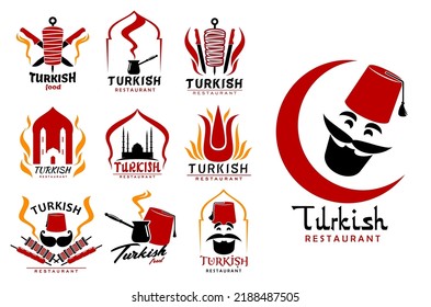 Turkish cuisine food, chef icons and symbols. Turkey fast food restaurant or cafe vector sign, grill bar or coffee shop icons with doner kebab rotisserie, cezve fez red hat and turkish cook face