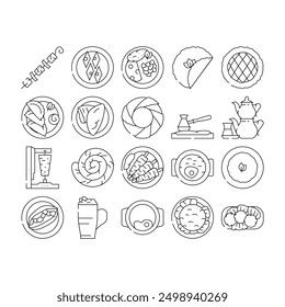 turkish cuisine food dinner icons set vector. restaurant meal, traditional delicious, gourmet dish, table, arab, plate, meat lunch turkish cuisine food dinner black contour illustrations