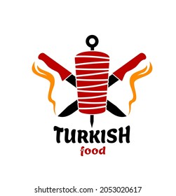 Turkish cuisine food icon. Isolated vector doner kebab or shawarma and chef knives. Turkish fast food restaurant, barbecue cafe or grill bar symbol of skewer or rotating spit with grilled meat