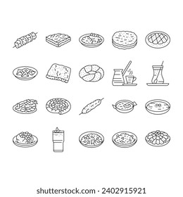 turkish cuisine food meal icons set vector. dinner traditional, dish arab, delicious table, gourmet arabian, meze, plate turkish cuisine food meal black contour illustrations