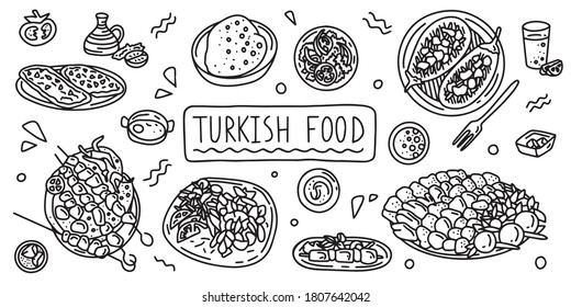 Turkish cuisine, food. Simple doodle outline style. Vector stock black and white illustration.