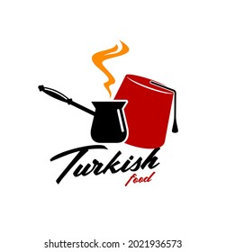 Turkish cuisine icon. Vector fez or tarboosh peakless red hat with black tassel, copper cezve with hot, steaming turkish coffee and lettering. Turkish food restaurant emblem