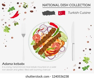 Turkish Cuisine. Middle East national dish collection.  Adana kebabi isolated on white, infograpic. Vector illustration
