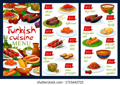 Turkish cuisine national food vector authentic restaurant menu. Turkish iskender and shish kebab, lamb meat kofte, fried carrot balls and fatty mussels in batter, green pepper dolma and soup illa