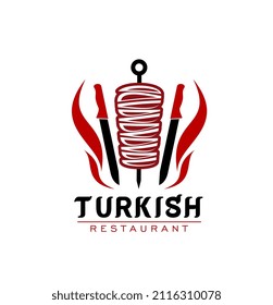 Turkish cuisine restaurant vector icon with doner kebab or shawarma on skewer. Barbecue rotating spit with grilled meat, chef knives and red fire flames isolated symbol, Turkish fast food icon