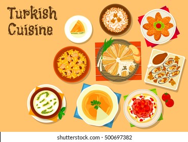 Turkish cuisine rice pilaf with anchovy and chicken icon served with iskender kebab, fish cutlet sarma, chicken with walnut, fried mussel with nut garlic sauce, cheese pie, rice mint soup