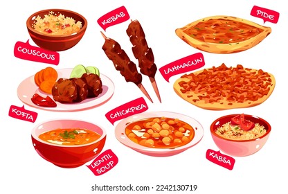 Turkish cuisine traditional food. Lahmacun, Kebab and Kofta or Turkish Meatballs. Cartoon hand drawn vector illustration