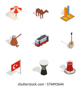 Turkish cultural icons set. Isometric 3d illustration of 9 Turkish cultural vector icons for web