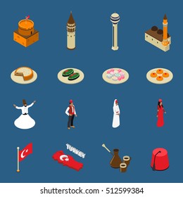 Turkish cultural symbols for tourists isometric icons set with national traditional dishes clothing and mosque isolated vetor illustration  