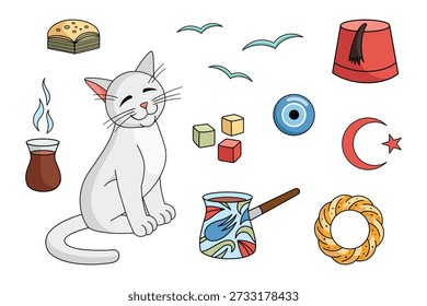 Turkish culture elements set - Cezve, tea cup, baklava, bagel, star and crescent, angora cat, delight, amulet, seagull, fez. Vector collection. Turkish angora cat character with Turkish cup of tea.