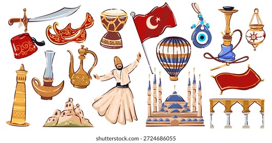 Türkische Kultur flachen Vektor-Set mit Moschee, Flagge, fez, Tänzer, Schwert, Teppich, Hookah, Lampe, Töpferei, Ballon, und nazar Amulett. Einfache Cartoon-Illustration für Reise-, Kultur- und Designprojekte.