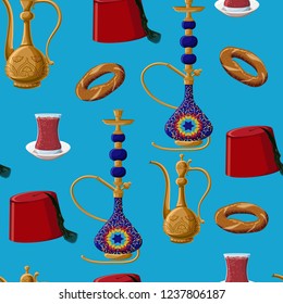 Turkish culture heritage fez, pitcher, hookah, glass of tea and simit seamless pattern on blue background. Cartoon style vector illustration.