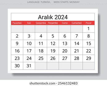 TURKISH December 2024 calendar - Aralik. Vector illustration. Monthly planning for your business in Turkey
