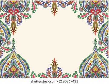 Turkish decorative frame. Vintage Islamic colorful motif illustration in modern theme. Traditional folk artwork. Rococo wall. Exotic motif design hand drawn art, Mughal vector background