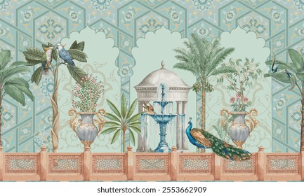 Turkish decorative pattern with palm tree, plant, bird, peacock Chinoiseries illustration for wallpaper