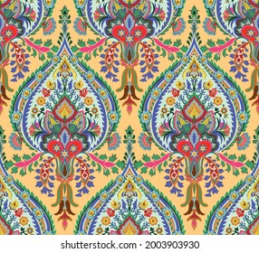 Turkish decorative seamless pattern. Vintage Islamic colorful motif illustration in modern theme. Traditional folk artwork. Rococo wall. Exotic motif design hand drawn art,  Mughal vector background