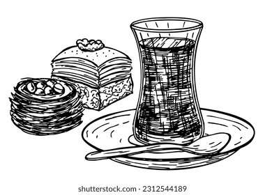 Turkish delicious and crispy baklava and tea. Turkish and Ottoman dessert, and authentic glass of tea sketch. Hand drawn vector illustration of traditional Turkish dessert isolated on white.