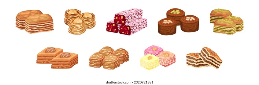 Turkish Delight or Arabic Sweet and Sugary Dessert Vector Set