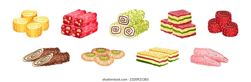 Turkish Delight or Arabic Sweet and Sugary Dessert Vector Set