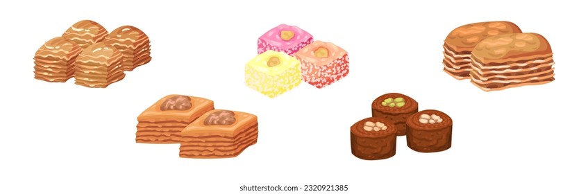 Turkish Delight or Arabic Sweet and Sugary Dessert Vector Set