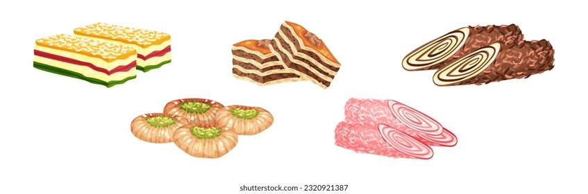 Turkish Delight or Arabic Sweet and Sugary Dessert Vector Set