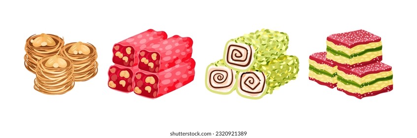 Turkish Delight or Arabic Sweet and Sugary Dessert Vector Set