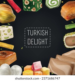 Turkish delight black background framed with colored oriental sweets realistic vector illustration