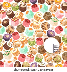 Turkish delight, eastern sweets vector illustration. Seamless pattern with colorful traditional lokum dessert, isolated on white background. Selection of delicious Turkish sweets with nuts and sesame